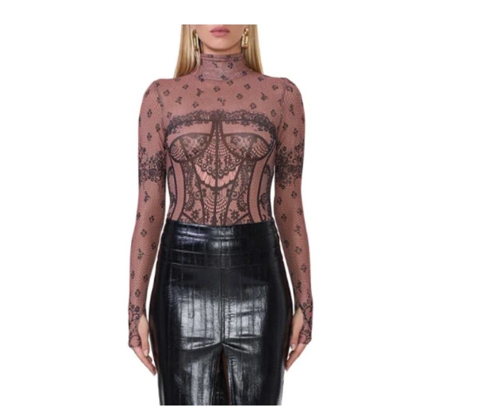 AFRM Zadie Print Turtleneck Mesh Top In Noir Bustier Size XS